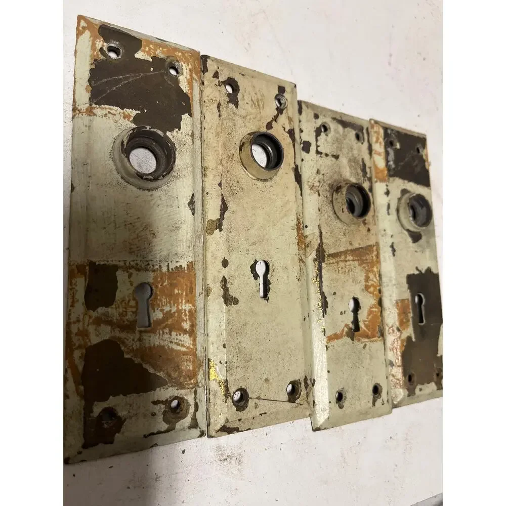 Lot of 4 Vintage Antique Cream Door Metal Backplates Escutcheon Chippy Paint
